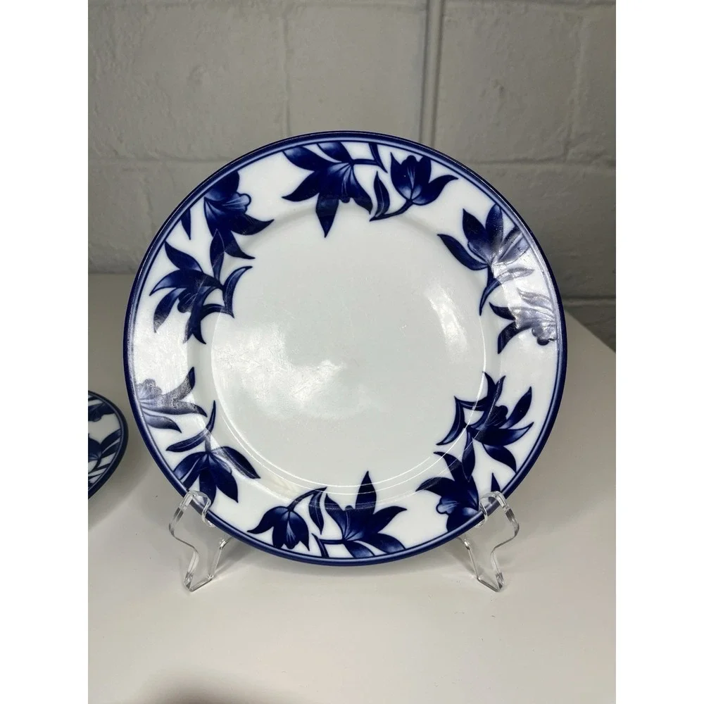 Pier 1 Ming White Cobalt Blue Salad Plate Set of 2 Leaves & Flowers Asian Glossy